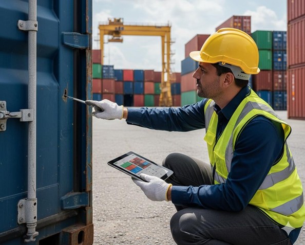Port inspector conducting a digital safety inspection of shipping containers at a marine terminal