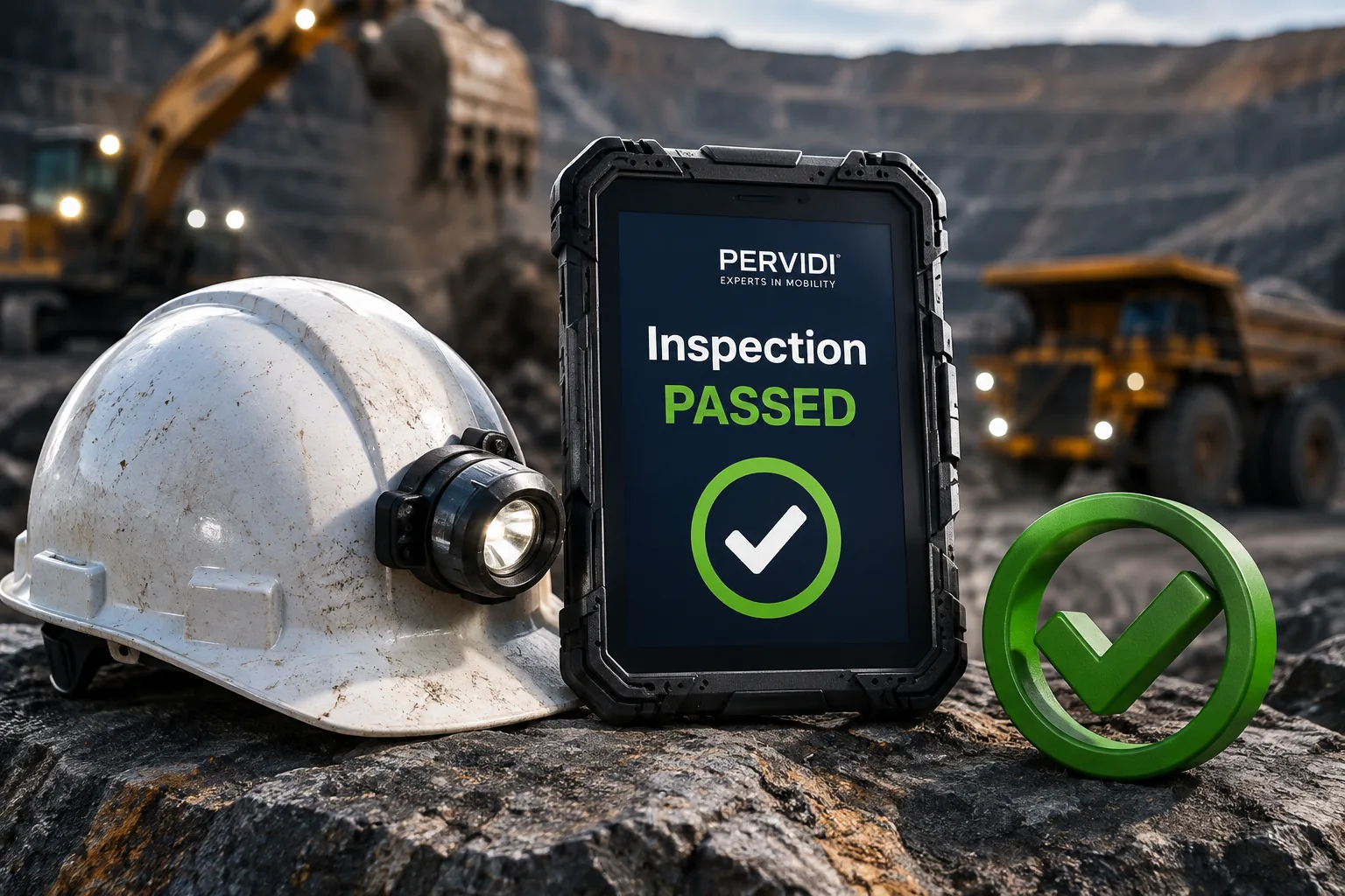 Rugged tablet running Pervidi showing a passed mining inspection, beside a hard hat at an open-pit mine