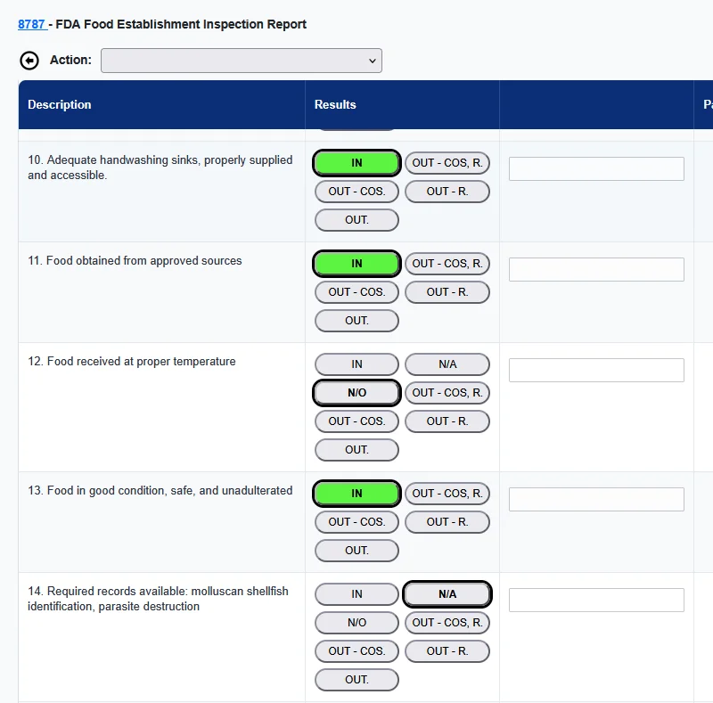Pervidi digital FDA Food Establishment Inspection Report, with each line item marked in compliance, out, or corrected on site