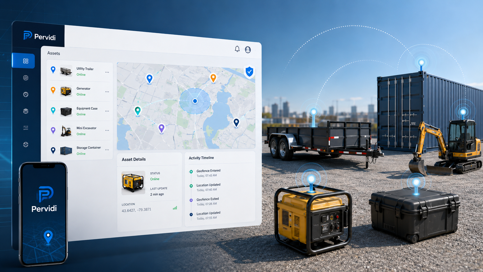 Pervidi GPS asset tracking dashboard showing trailers, a generator, an equipment case, a mini excavator and a storage container on a live map with an activity timeline