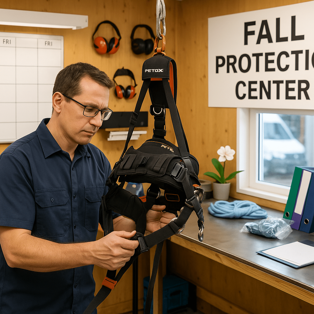 Technician inspecting a fall protection harness in a repair center